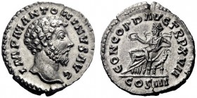 The Roman Empire   Marcus Aurelius augustus, 161 – 180  Denarius 162-163, AR 3.44 g. IMP M ANTONINVS AVG Bare head r. Rev. CONCORD AVG TR P XVII Conco...