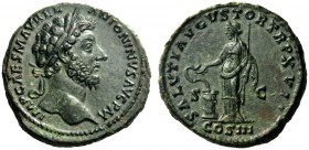 The Roman Empire   Marcus Aurelius augustus, 161 – 180  Sestertius 162-163, Æ 23.15 g. IMP CAES M AVREL – ANTONINVS AVG P M Laureate head r. Rev. SALV...