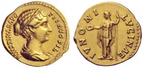 The Roman Empire   Faustina II, wife of Marcus Aurelius  Aureus 145-161, AV 7.03 g. FAVSTINAE AVG – PII AVG FIL Draped bust r. Rev. IVNONI – LVCINAE J...
