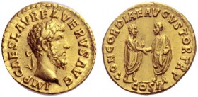 The Roman Empire   Lucius Verus , 161 – 169  Aureus March-December 161, AV 6.97 g. IMP CAES L AVREL VERVS AVG Laureate head r. Rev. CONCORDIAE AVGVSTO...