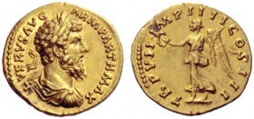 The Roman Empire   Lucius Verus , 161 – 169  Aureus 166-167, AV 7.28 g. L VERVS AVG – ARM PARTH MAX Laureate, draped and cuirassed bust r. Rev. TR P V...