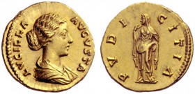 The Roman Empire   Lucilla, wife of Lucius Verus  Aureus 164-169 or 183, AV 7.21 g. LVCILLA – AVGVSTA Draped bust r., hair caught up in double chignon...