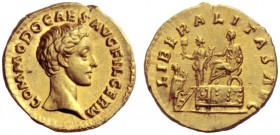 The Roman Empire   Commodus caesar, 166 – 177  Aureus 172-175, AV 7.31 g. COMMODO CAES AVG FIL GERM Bare head r. Rev. LIBERALITAS AVG Commodus seated ...