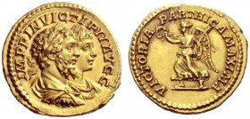The Roman Empire   Septimius Severus, 193 – 211  Aureus 202, AV 7.10 g. IMPP INVICTI PII AVGG Conjoined laureate, draped and cuirassed busts of S. Sev...