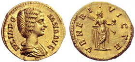 The Roman Empire   Julia Domna, wife of Septimius Severus  Aureus circa 193-196, AV 7.29 g. IVLIA DO – MNA AVG Draped bust r. Rev. VENER – I – VICTR V...