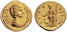 The Roman Empire   Julia Domna, wife of Septimius Severus  Aureus 196-211, AV 6.88 g. IVLIA – AVGVSTA Draped bust r. Rev. IVNO – REGINA Juno, veiled, ...