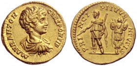 The Roman Empire   Caracalla caesar, 195 – 198  Aureus 195-198, AV 7.38 g. M AVR ANTON – CAES PONTIF Bareheaded, draped and cuirassed bust r. Rev. PR ...