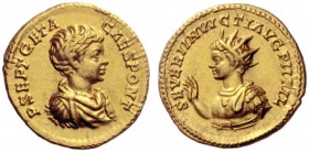 The Roman Empire   Geta caesar, 198 – 209  Aureus 200, AV 7.07 g. P SEPT GETA – CAES PONT Bare-headed, draped and cuirassed bust r. Rev. SEVERI INVICT...