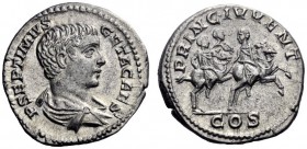 The Roman Empire   Geta caesar, 198 – 209  Denarius 203-208, AR 3.26 g. P SEPTIMIVS – GETA CAES Bareheaded and draped bust r. Rev. PRINC IVVENT Septim...