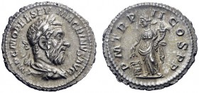 The Roman Empire   Macrinus, 217 – 218  Denarius December 217, Æ 2.80 g. IMP C M OPEL SEV MACRINVS AVG Laureate and draped bust r. Rev. P M TR P II CO...