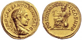 The Roman Empire   Elagabalus, 218 – 222  Aureus 219, AV 6.51 g. IMP CAES ANTONINVS AVG Laureate, draped and cuirassed bust r. Rev. PONTIF MAX TR P II...