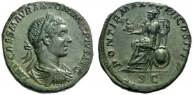The Roman Empire   Elagabalus, 218 – 222  Sestertius 219, Æ 23.76 g. IMP CAES M AVR ANTONINVS PIVS AVG Laureate, draped and cuirassed bust r. Rev. PON...