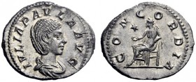 The Roman Empire   Julia Paula, first wife of Elagabalus  Denarius 219-220, AR 3.21 g. IVLIA PAVLA AVG Draped bust r. Rev. CONCORDIA Concordia seated ...