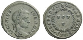 The Roman Empire   Licinius II caesar, 317 – 324  Follis, Siscia 320-321, Æ 2.78 g. LICINIVS IVN NOB C Laureate head r. Rev. CAESARVM NOSTRORVM around...