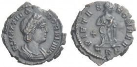 The Roman Empire   Theodora, stepmother of Constantinus  Æ4, Treveri 337-340, Æ 1.56 g. F L MAX THEO – DORAE AVG Diademed and draped bust r. Rev. PIET...