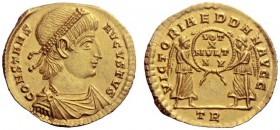 The Roman Empire   Constans augustus, 337 – 350  Solidus, Treveri circa 345, AV 4.54 g. CONSTANS – AVGVSTVS Pearl-diademed, draped and cuirassed bust ...