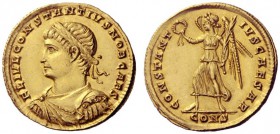 The Roman Empire   Constantius II caesar, 324 – 337  Solidus, Constantinopolis 335-336, AV 4.38 g. FL IVL CONSTANTIVS NOB CAES Laureate, draped and cu...