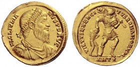 The Roman Empire   Julian II, 360 – 363  Solidus, Antiochia 361-363, AV 4.44 g. FL CL IVLIA – NVS P F AVG Pearl-diademed, draped and cuirassed bust r....