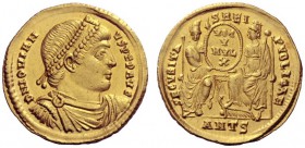The Roman Empire   Jovian, 363 – 364  Solidus, Antiochia 363-364, AV 4.41 g. D N IOVIAN – VS P F P AVG Pearl-diademed, draped and cuirassed bust r. Re...