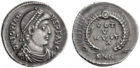 The Roman Empire   Jovian, 363 – 364  Siliqua, Nicomedia 363-364, AR 2.13 g. D N IOVIAN – VS P F AVG Pearl-diademed, draped and cuirassed bust r. Rev....