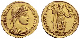 The Roman Empire   Valentinian I, 364 – 375  Solidus, Arelate 364-367, AV 4.44 g. D N VALENTINI – ANVS P F AVG Pearl-diademed, draped and cuirassed bu...