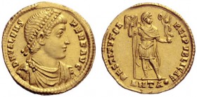 The Roman Empire   Valens, 364 – 378  Solidus, Antiochia 364-378, AV 4.46 g. D N VALENS – P F AVG Pearl-diademed, draped and cuirassed bust r. Rev. RE...