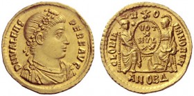 The Roman Empire   Valens, 364 – 378  Solidus, Antiochia 367-375, AV 4.45 g. D N VALENS – PER F AVG Pearl and rosette-diademed, draped and cuirassed b...