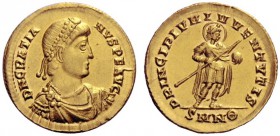 The Roman Empire   Gratian, 367 – 383  Solidus, Nicomedia 367-375, AV 4.45 g. D N GRATIA – NVS P F AVG Pearl-diademed, draped and cuirassed bust r. Re...