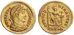 The Roman Empire   Theodosius I, 379 – 395  Solidus, Constantinopolis 378-383, AV 4.41g. D N THEODO – SIVS P F AVG Pearl-diademed, draped and cuirasse...