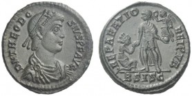 The Roman Empire   Theodosius I, 379 – 395  Æ2, Siscia 378-383, Æ 6.08 g. D N THODO – SIVS P F AVG Pearl-diademed, draped and cuirassed bust r. Rev. R...