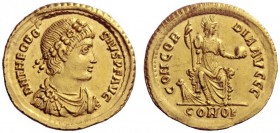 The Roman Empire   Theodosius I, 379 – 395  Solidus, Constantinopolis 379-383, AV 4.45 g. DN THEODO – SIVS P F AVG Rosette and pearl diademed, draped ...