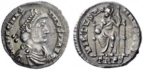 The Roman Empire   Magnus Maximus, 383 – 388  Siliqua, Treveri 383-388, AR 2.20 g. D N MAX – IMVS P F AVG Pearl-diademed, draped and cuirassed bust r....