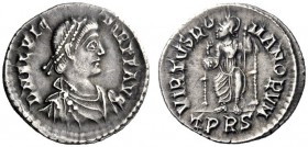 The Roman Empire   Flavius Victor, 387 – 388  Reduced siliqua, Treveri 387-388, AR 1.94 g. D N FL VIC – TOR P F AVG Pearl-diademed, draped and cuirass...