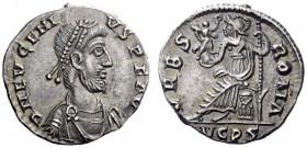 The Roman Empire   Eugenius, 392 – 394  Reduced siliqua, Lugdunum 392-394, AR 2.14 g. D N EVGENI – VS P F AVG Pearl-diademed, draped and cuirassed bus...