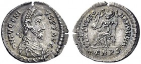 The Roman Empire   Eugenius, 392 – 394  Reduced siliqua, Treveri 392-394, AR 1.76 g. D N EVGENI – VS P F AVG Pearl-diademed, draped and cuirassed bust...