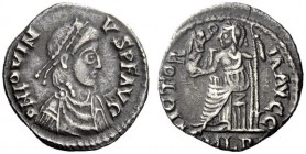The Roman Empire   Jovinus, 411 – 413  Siliqua, Lugdunum 411-413, AR 1.56 g. D N IOVIN – VS P F AVG Pearl-diademed, draped and cuirassed bust r. Rev. ...