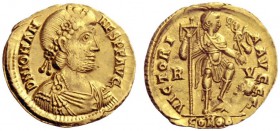 The Roman Empire   Johannes, 423 – 425  Solidus, Ravenna 423–425, AV 4.45 g. D N IOHAN – NES P F AVG Rosette-diademed, draped and cuirassed bust r. Re...