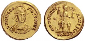 The Roman Empire   Theodosius II, 402 – 450  Solidus, Constantinopolis 408-420, AV 4.49 g. D N THEODO – SIVS P F AVG Helmeted, pearl-diademed and cuir...