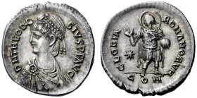 The Roman Empire   Theodosius II, 402 – 450  Light miliarense, Constantinopolis circa 408-420, AR 4.38 g. D N THEODO – SIVS P F AVG Pearl- diademed, d...