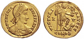 The Roman Empire   Theodosius II, 402 – 450  Solidus, Ravenna 423, AV 4.44 g. D N THEODO – SIVS P F AVG Pearl-diademed, draped and cuirassed bust r. R...