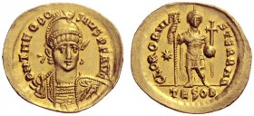 The Roman Empire   Theodosius II, 402 – 450  Solidus, Thessalonica 424-425, AV 4.26 g. D N THEODO – SIVS P F AVG Helmeted, pearl-diademed and cuirasse...