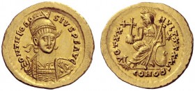The Roman Empire   Theodosius II, 402 – 450  Solidus, Constantinopolis circa 430–440, AV 4.46 g. D N THEDO – SIVS P F AVG Helmeted, pearl- diademed an...