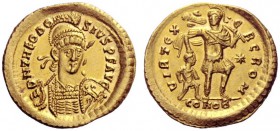 The Roman Empire   Theodosius II, 402 – 450  Solidus, Constantinopolis 441, AV 4.51 g. D N THEODO – SIVS P F AVG Helmeted, pearl-diademed and cuirasse...