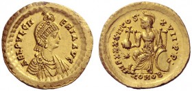 The Roman Empire   Aelia Pulcheria, sister of Theodosius II  Solidus, Constantinopolis 441-443, AV 4.46 g. AEL PVLCH – ERIA AVG Pearl-diademed, draped...