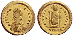 The Roman Empire   Aelia Eudocia, wife of Theodosius II  Medallion of 2 solidi, Constantinopolis 423, AV 8.94 g. AEL EVDO – CIA AVG Pearl-diademed and...