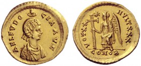 The Roman Empire   Aelia Eudocia, wife of Theodosius II  Solidus, Constantinopolis 423-429, AV 4.12 g. AEL EVDO – CIA AVG Pearl-diademed and draped bu...