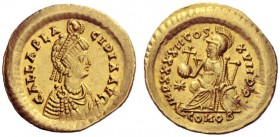 The Roman Empire   Galla Placidia, mother of Valentinian III  Solidus, Constantinopolis 441–443, AV 4.44 g. GALLA PLA – CIDIA AVG Pearl-diademed, drap...