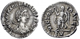 The Roman Empire   Valentinian III, 425 – 455  Half-siliqua, Ravenna circa 455, AR 1.05 g. D N PLA VALENTINIANVS P F AVG Pearl-diademed, draped and cu...
