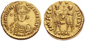 The Roman Empire   Anthemius, 25th March 467 – 30th June 472  Solidus, Mediolanum 467-472, AV 4.30 g. D N ANTHEMI – VS PERPET AVG Helmeted, pearl- dia...