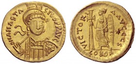 The Byzantine Empire   Anastasius, 11 April 491 – 1 July 518  Solidus 491-498, AV 4.48 g. D N ANASTA – SIVS P P AVG Helmeted, pearl-diademed and cuira...